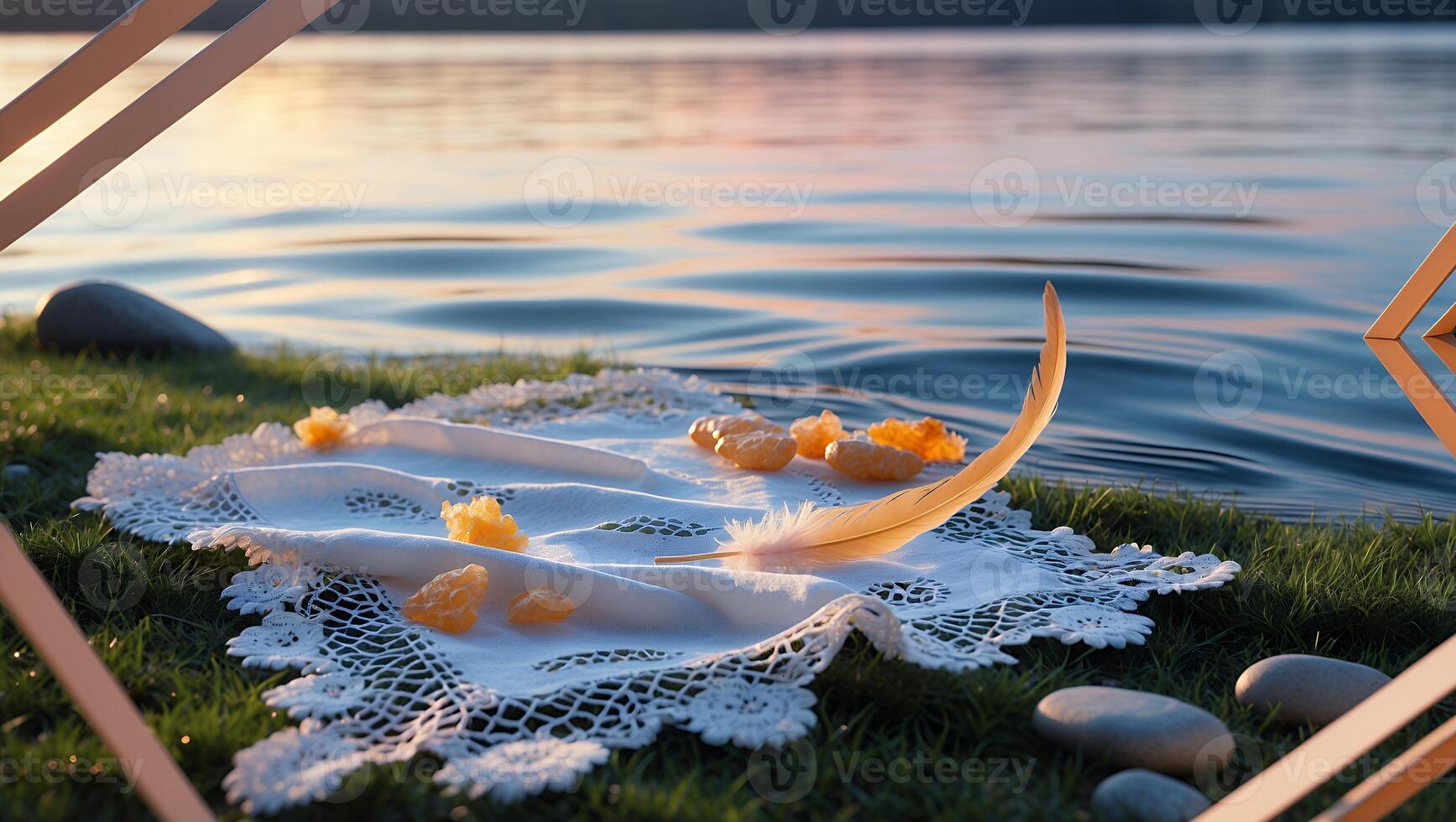 Still Life by the Lake Feather and Gems on Decorative Cloth photo