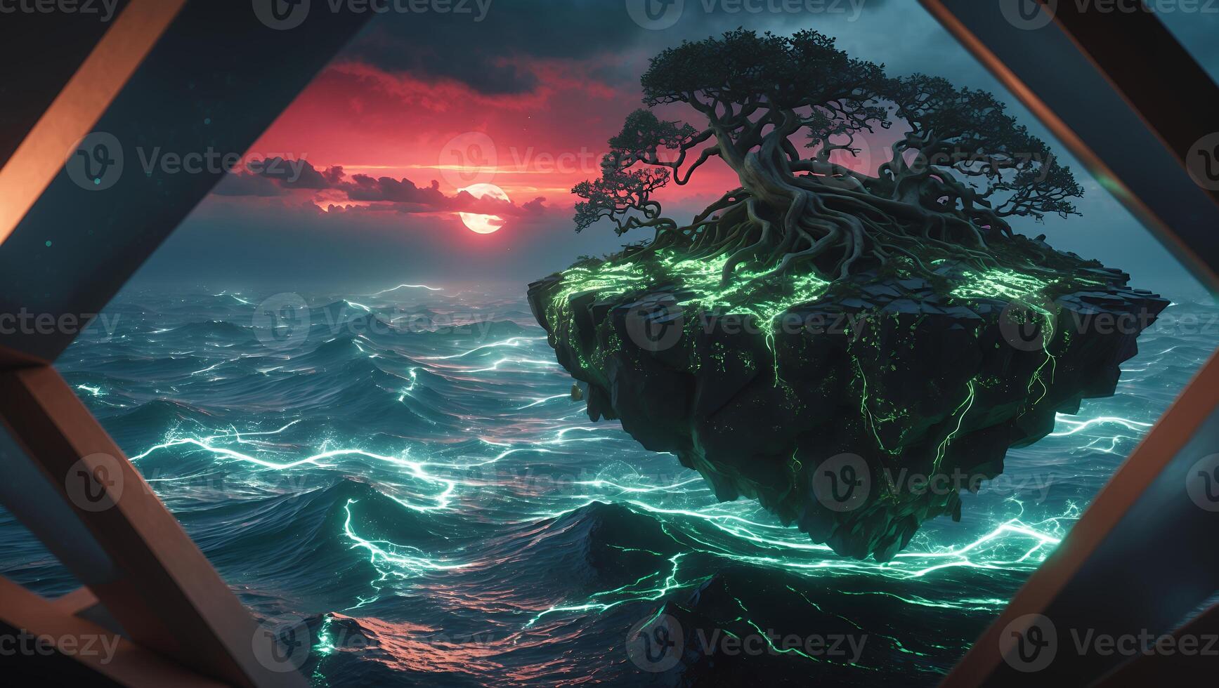 Floating Island with Tree Over Glowing Ocean at Dramatic Sunset photo
