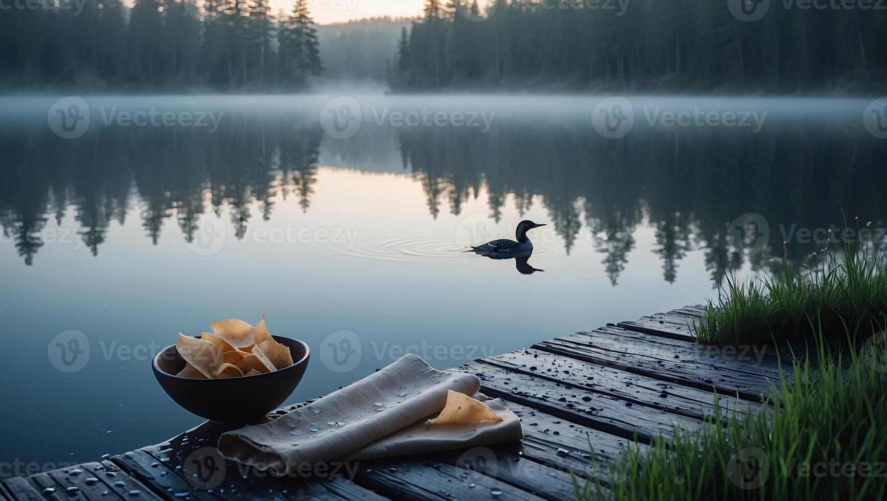Relaxing Lakeside Scene with Duck Swimming and Refreshments on Dock photo