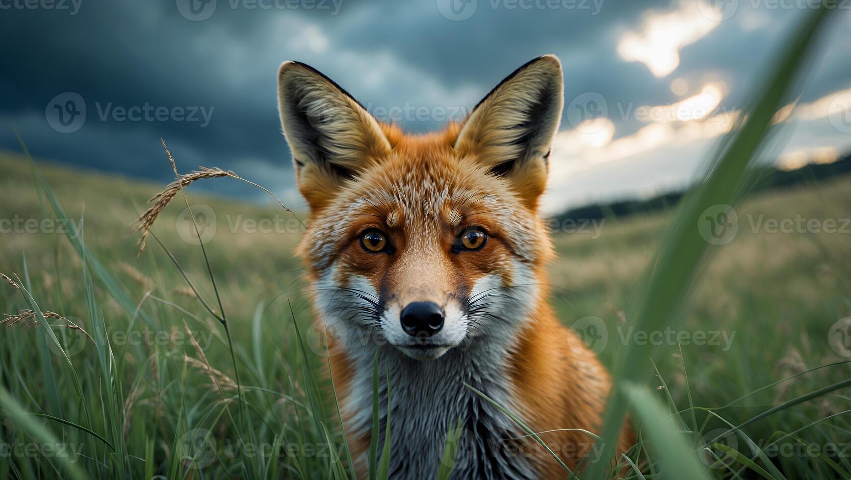 Fox Staring in Grassy Field with Cloudy Sky Wildlife Portrait photo