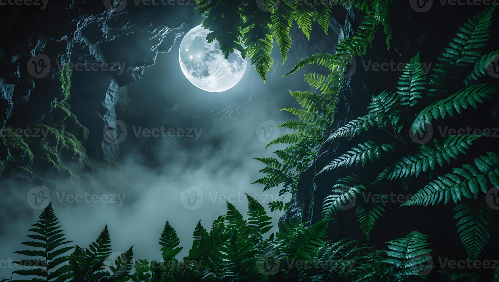 Full Moon Illuminating Forest Scene with Mist and Ferns at Night photo