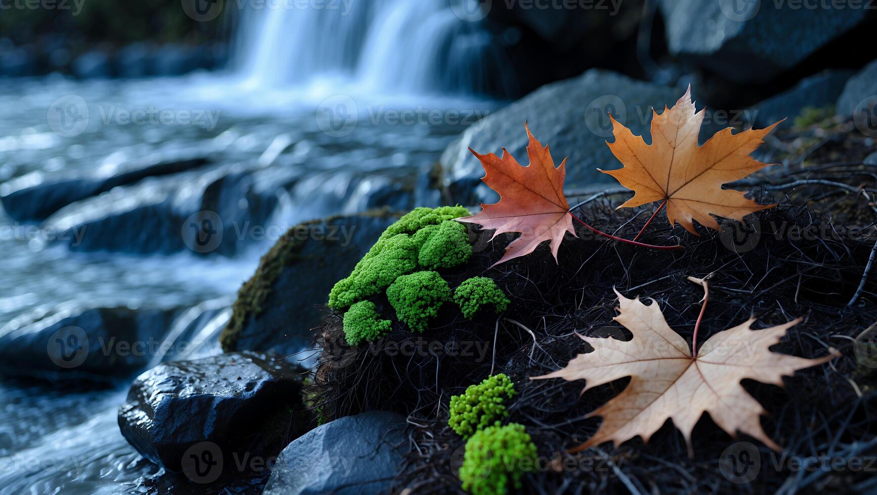 Waterfall Scene with Moss and Fallen Maple Leaves in Autumn photo