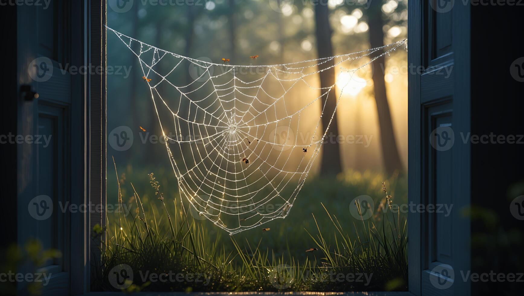 Spiderweb in Forest Opening with Door and Golden Light photo