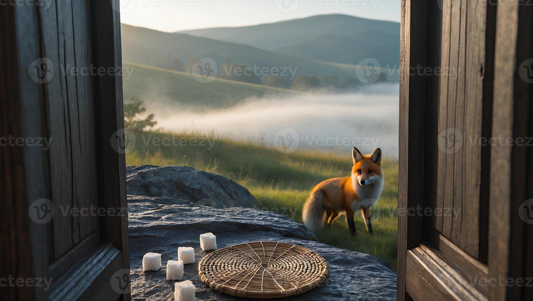 Fox Standing in Grassy Field Seen Through an Open Door photo