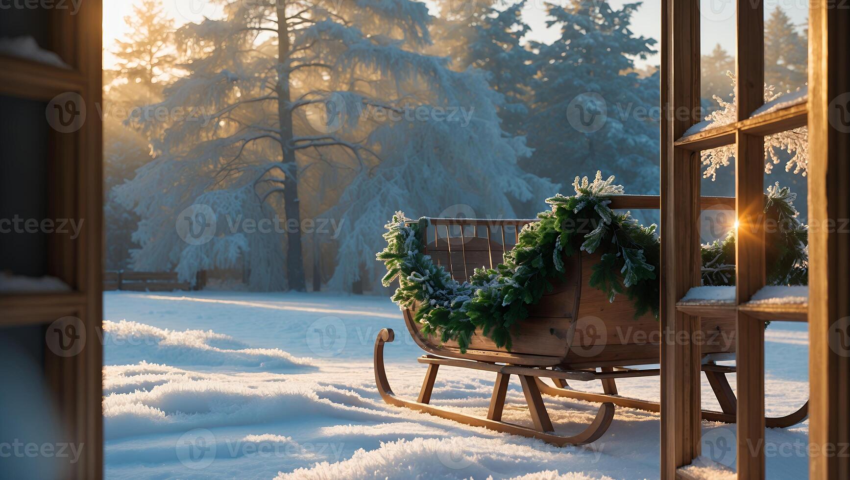 Wooden Sleigh in Snowy Landscape with Evergreen Garland Through Window photo
