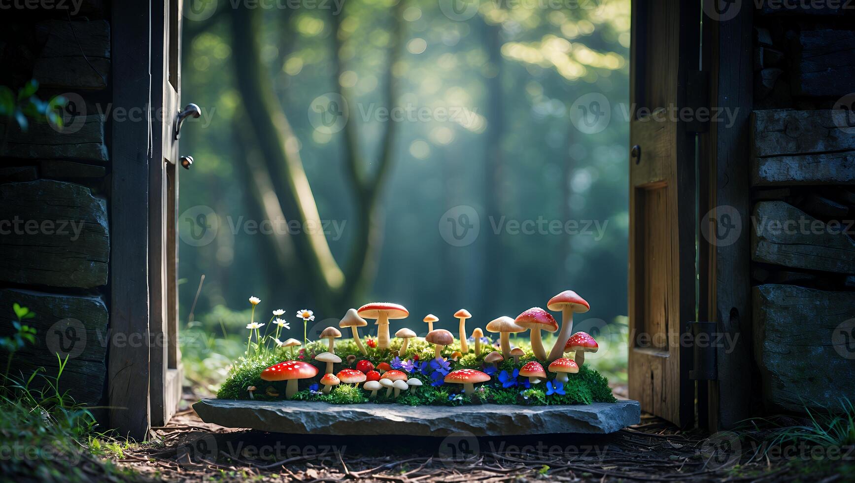 Mushrooms and Flowers Displayed at Forest Entrance Creating a Whimsical Scene photo