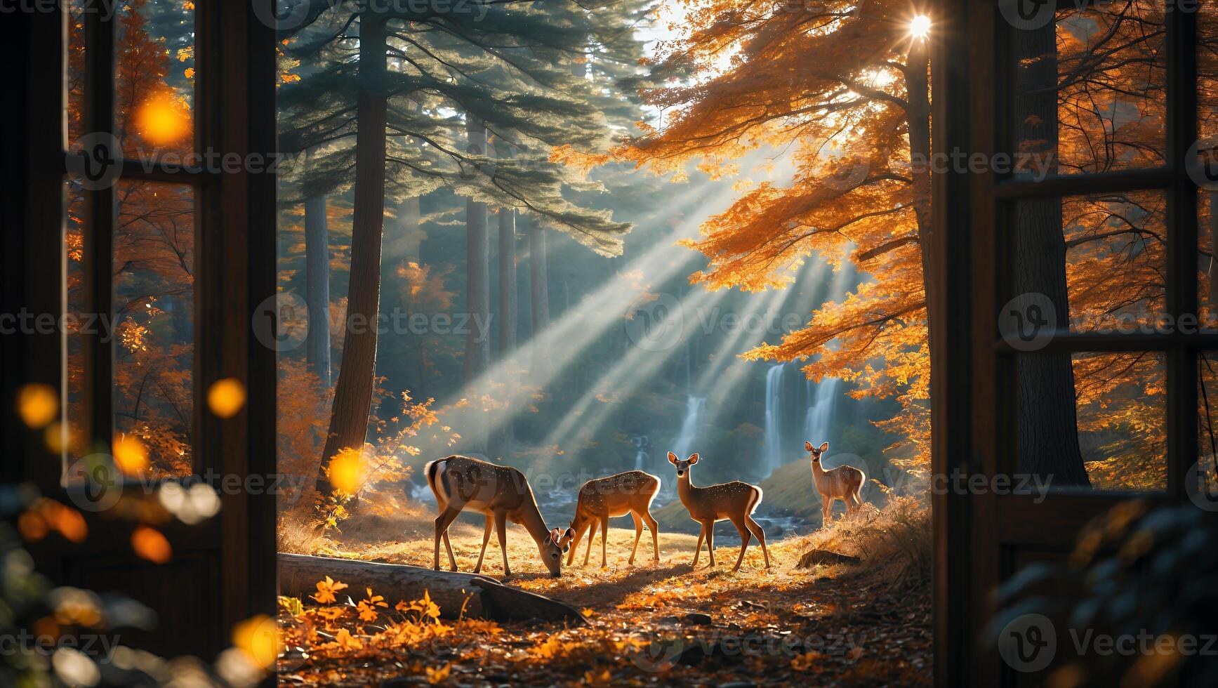 Deer Grazing in Forest Viewed Through Window with Sun Rays photo