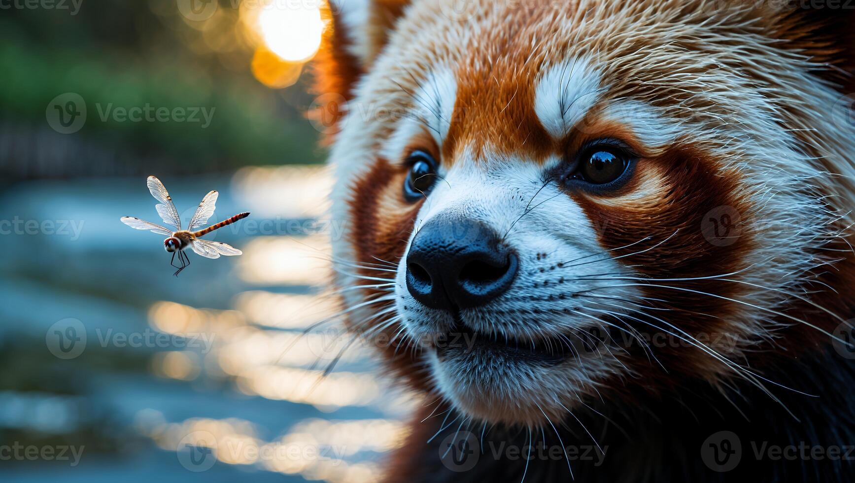 Red Panda Close-up with Dragonfly Flying Near Water at Sunset photo