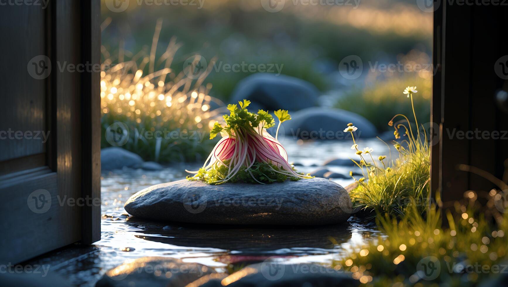 Radish and Microgreen Still Life on Rock in Flowing Water photo