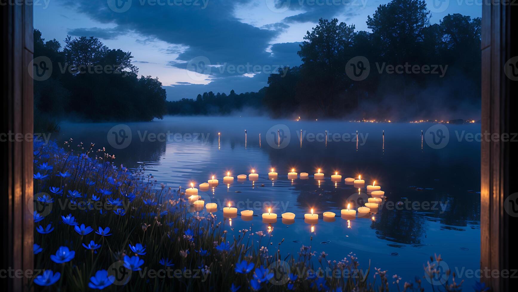 Floating Candles on Lake at Dusk with Blue Flowers and Mist photo