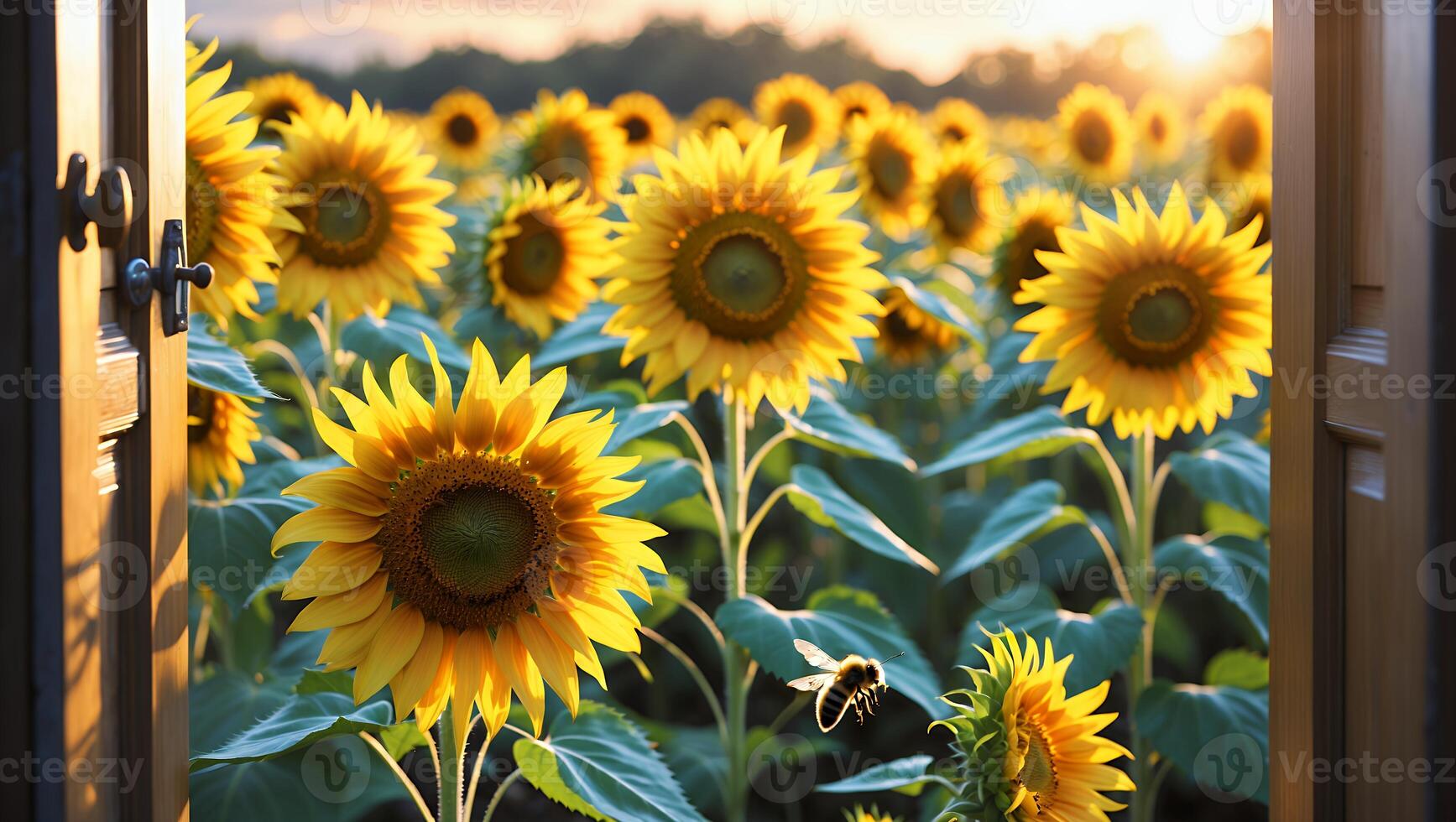 Viewing Sunflower Field Through Open Door with Bee Flying by photo