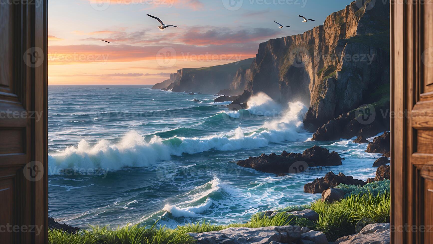 Ocean View Through Doorway with Cliffs, Waves and Flying Birds photo