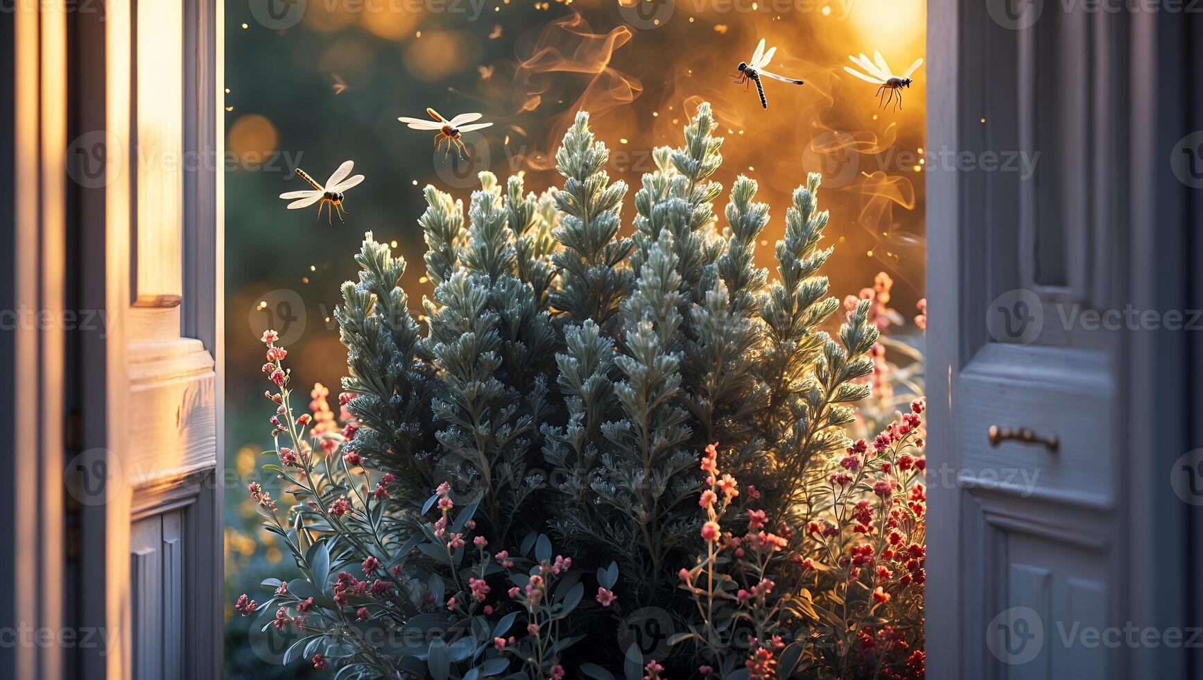 Open Door to Garden with Dragonflies and Warm Glowing Light photo