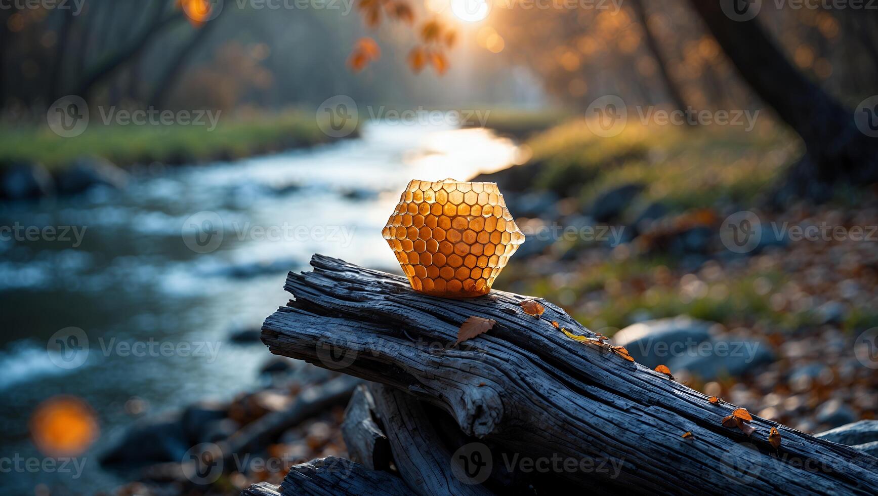 Honeycomb Vase on Log Near Stream During Autumn Sunset Scene photo
