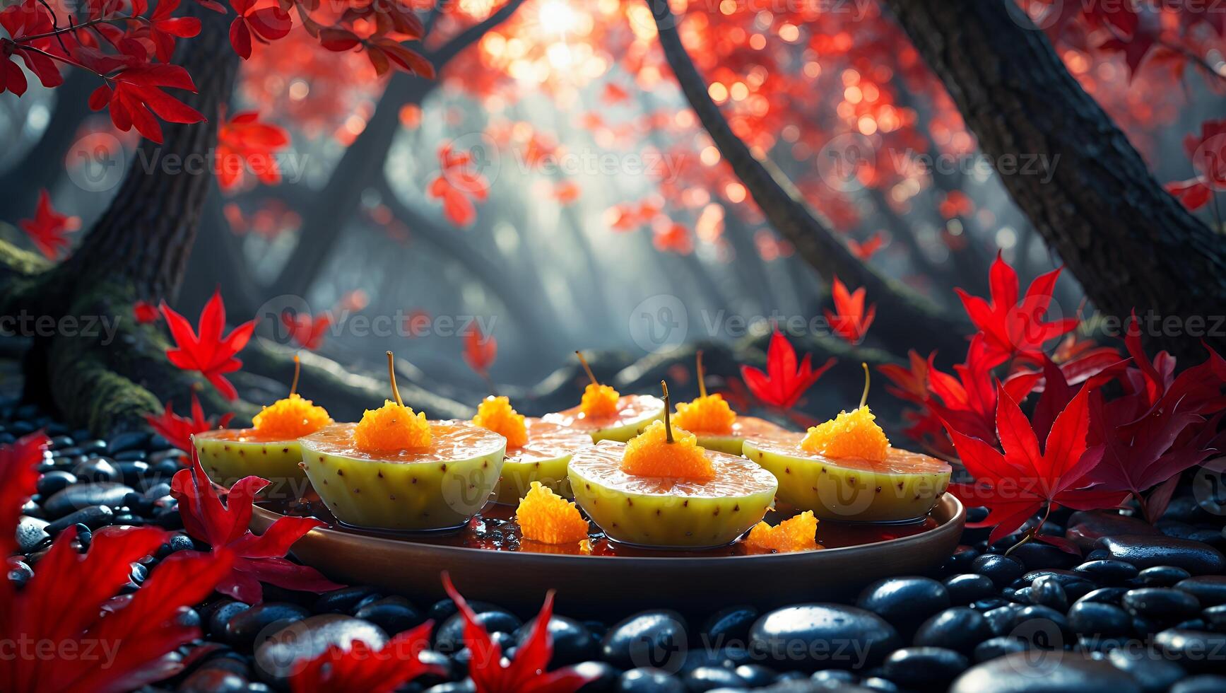 Serving Fruit Dessert in Autumn Forest Setting on Black Rocks photo