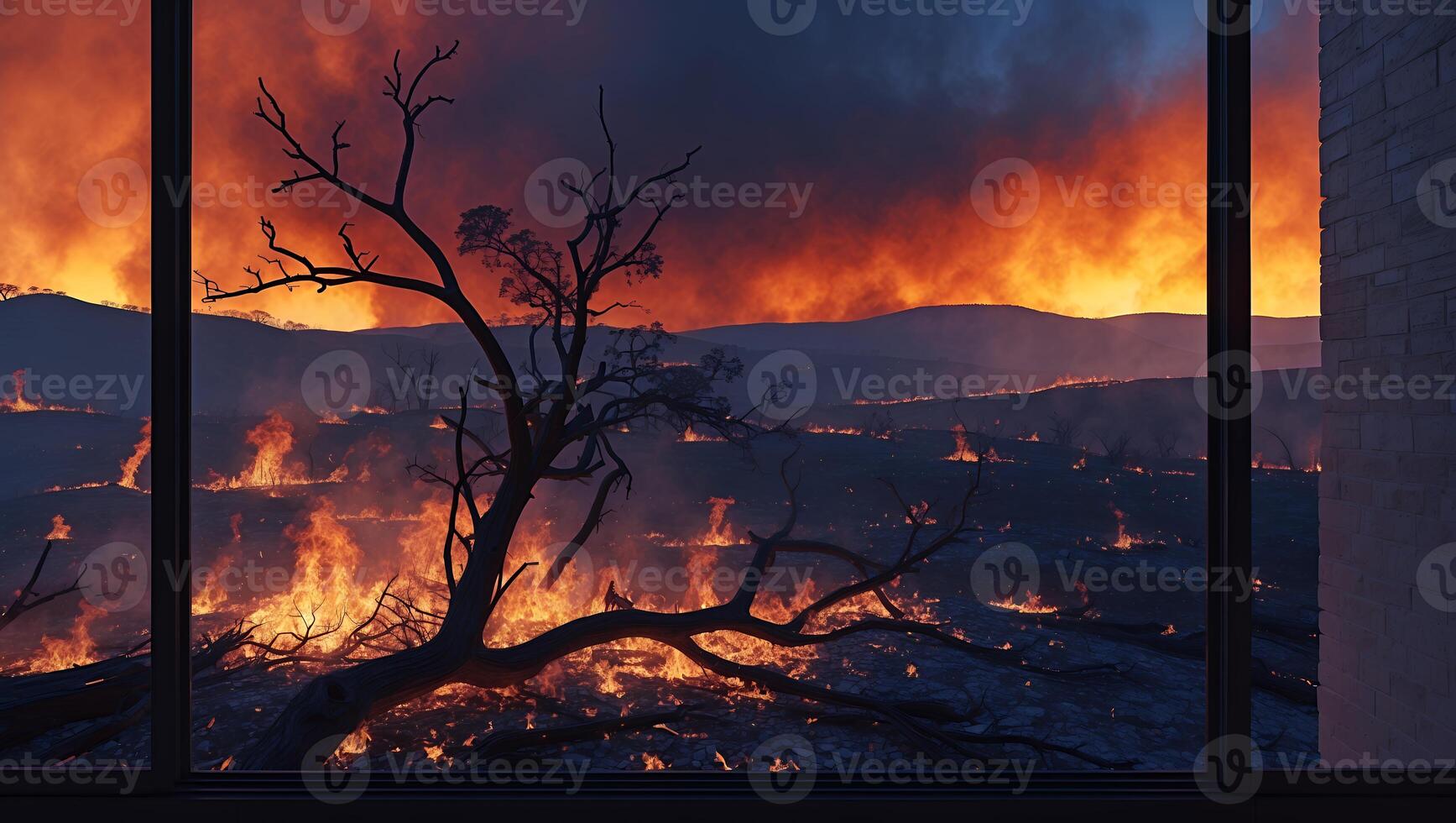 Viewing Distant Wildfire Across the Plains Through Window in Dark Room photo