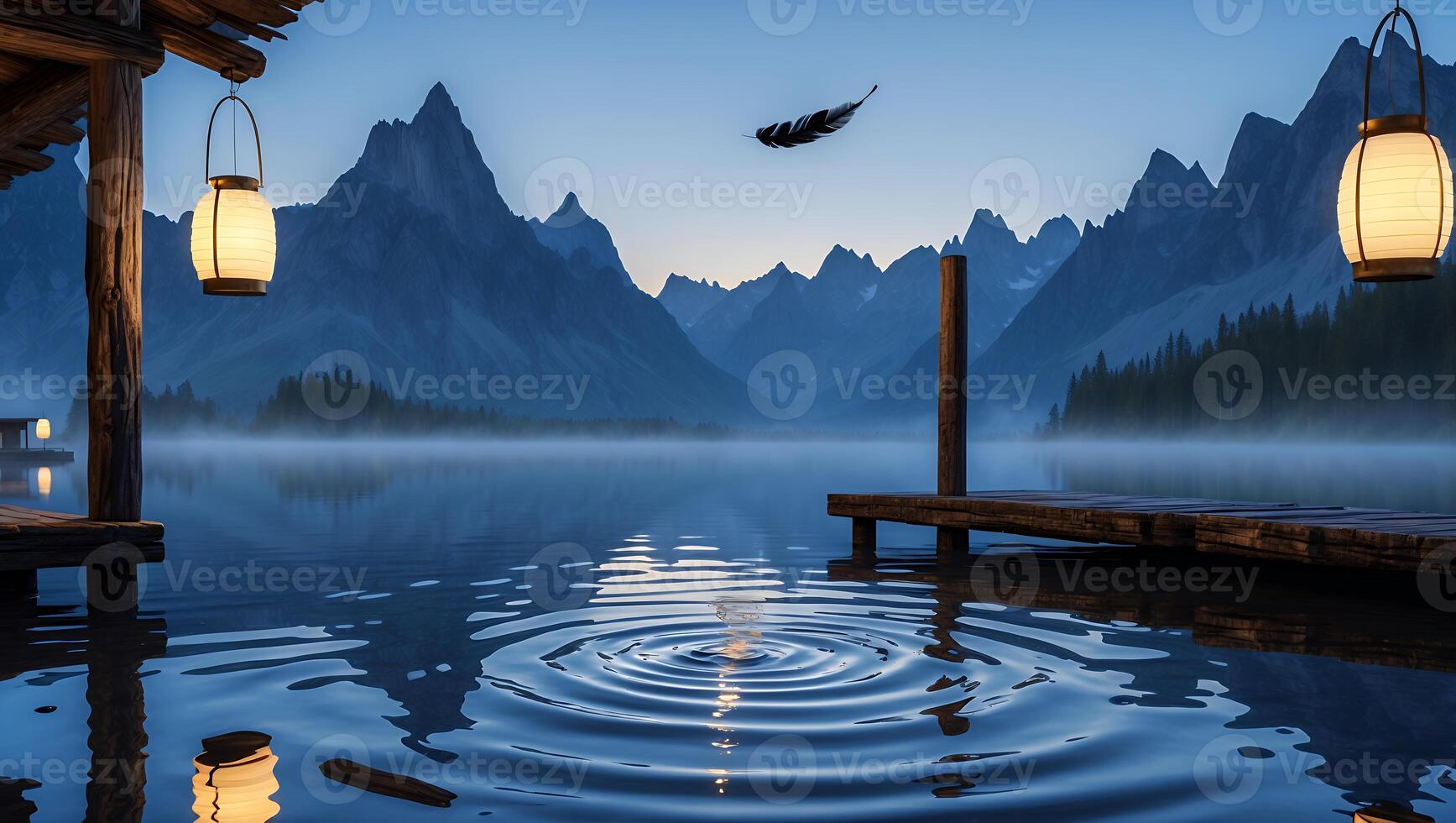 Calm Lake with Mountains and Lanterns Reflecting at Dusk photo
