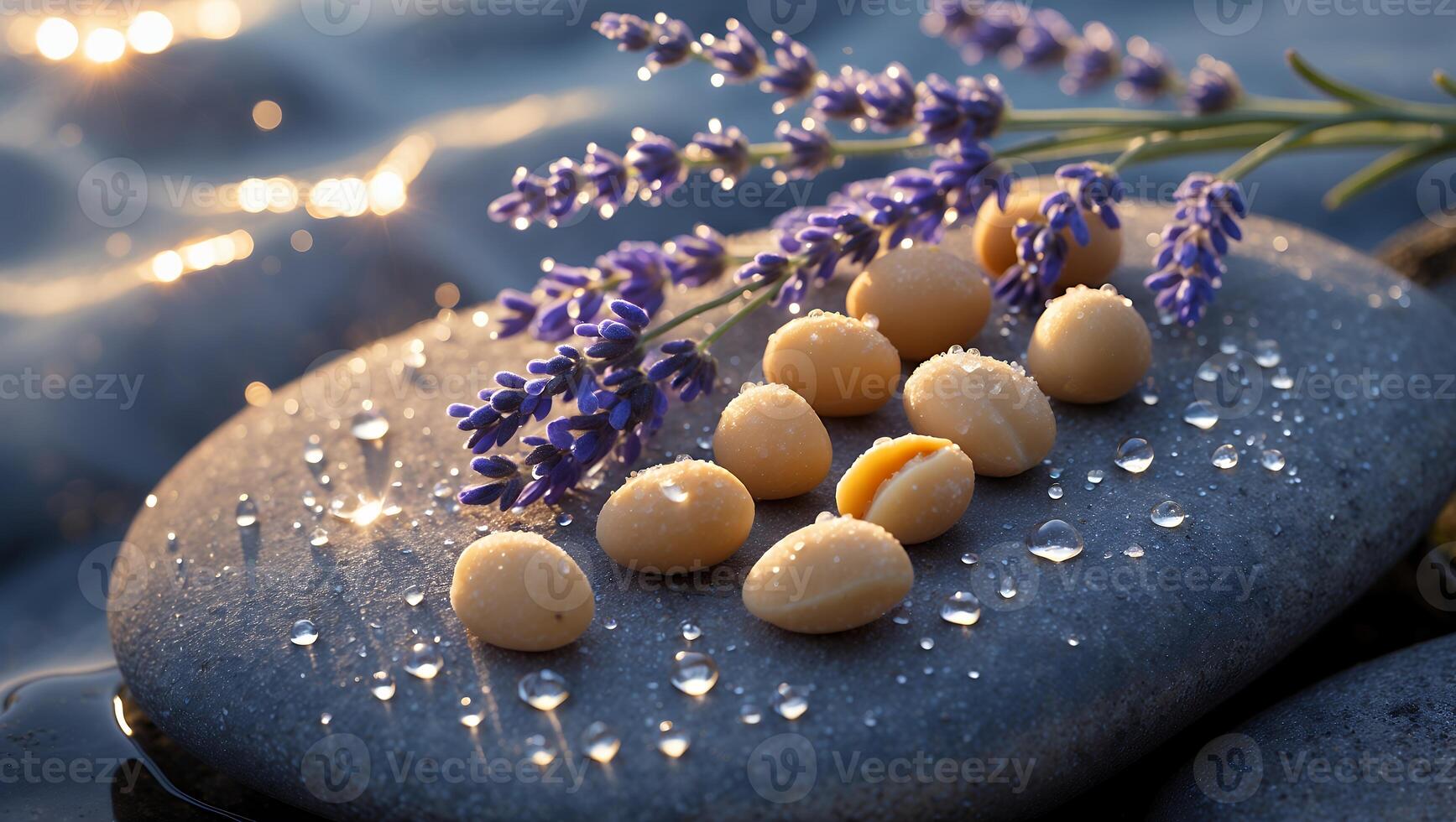 Macadamia Nuts and Lavender Sprig on Wet Stone with Water Droplets photo