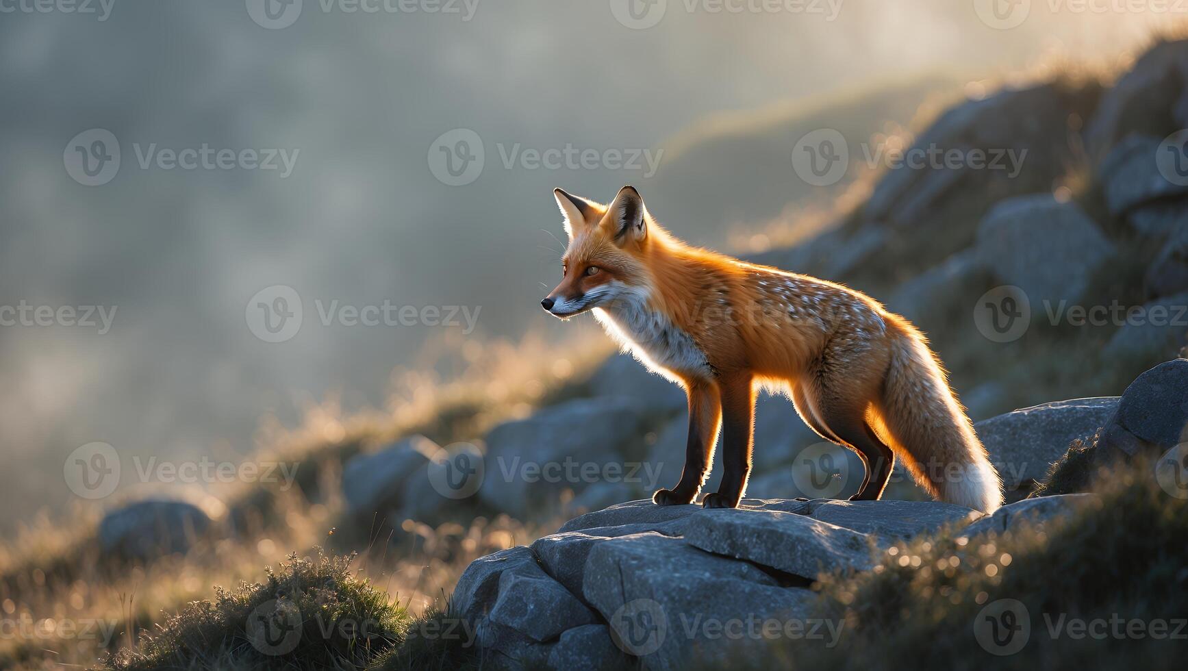 Red Fox Standing Alert on Rocks with Soft Mountain Background photo