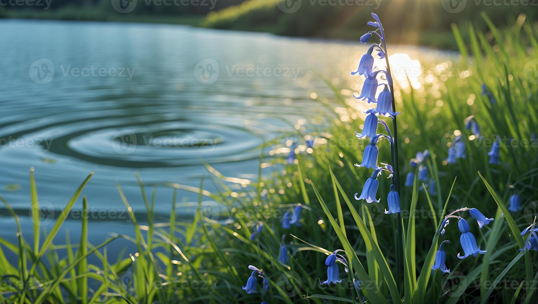 Bluebell Flowers Growing Near Water with Ripples and Sunlight photo