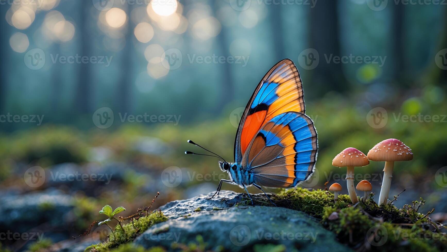 Resting Butterfly on Mossy Rock with Mushrooms in Forest photo