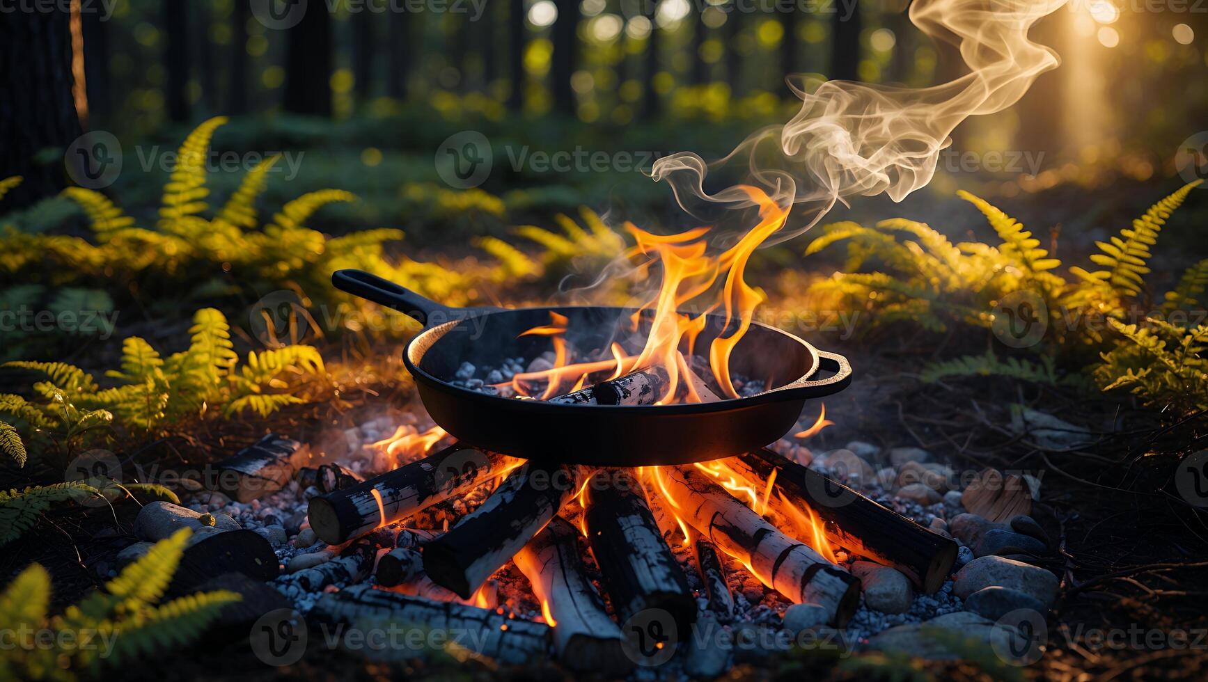 Frying Pan on Campfire with Flames and Smoke in Forest Setting photo