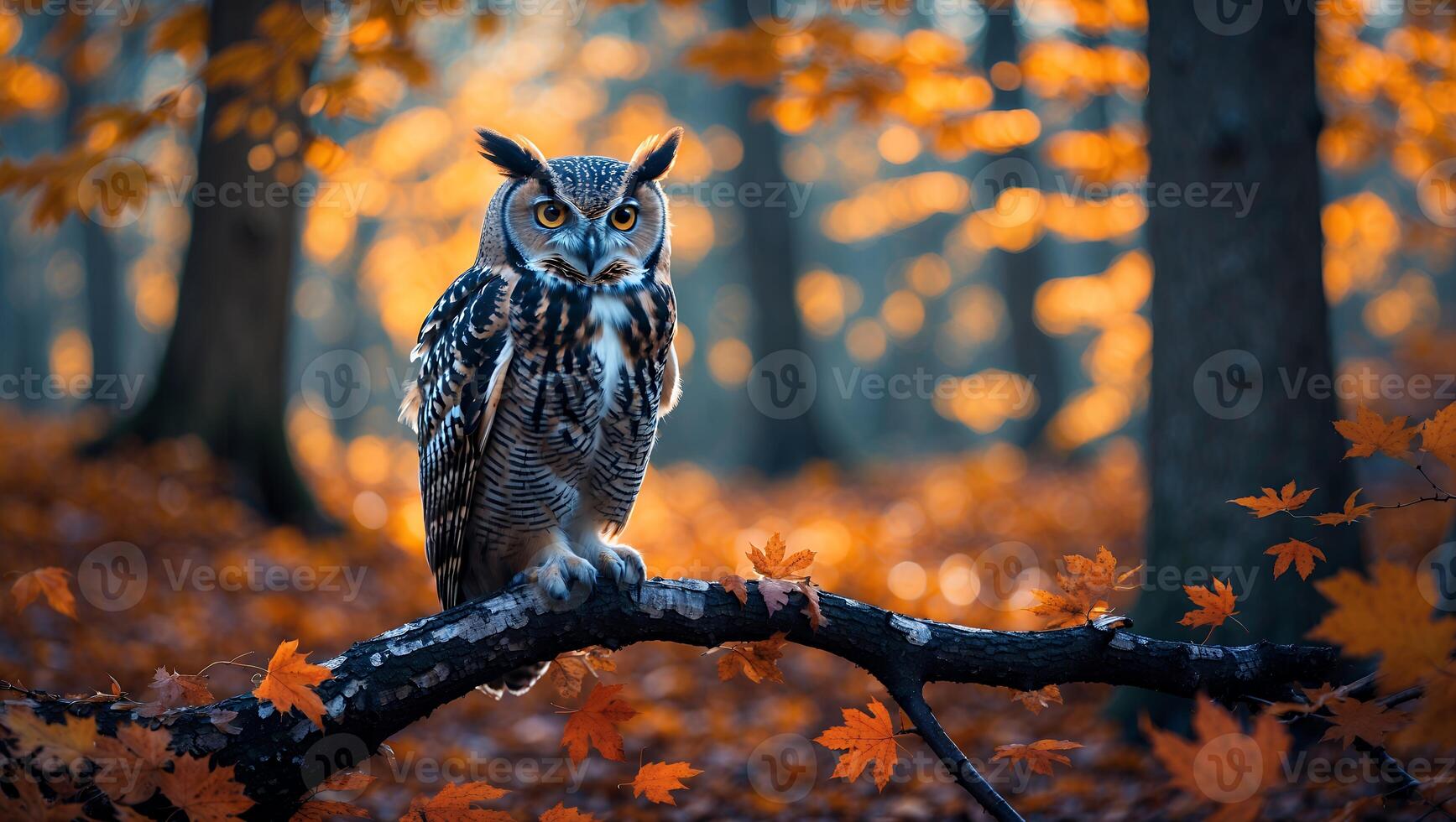 Owl Perched on Branch in Autumn Forest with Falling Leaves photo