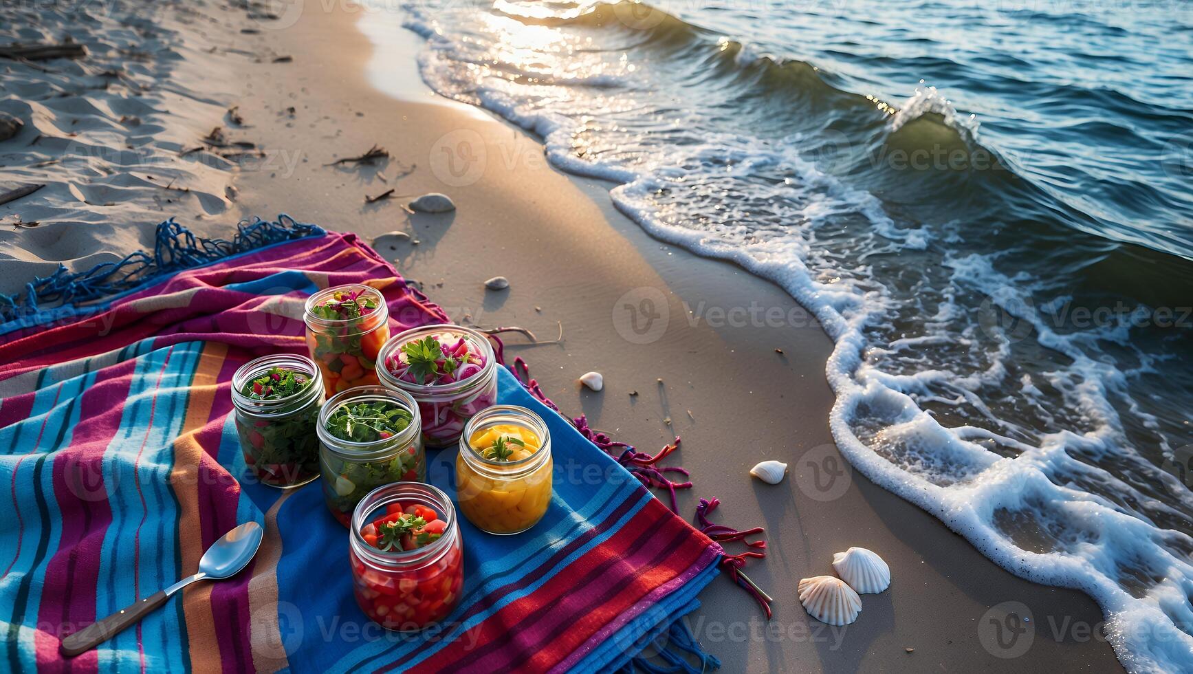 Colorful Beach Picnic with Jars of Food and Ocean Waves photo
