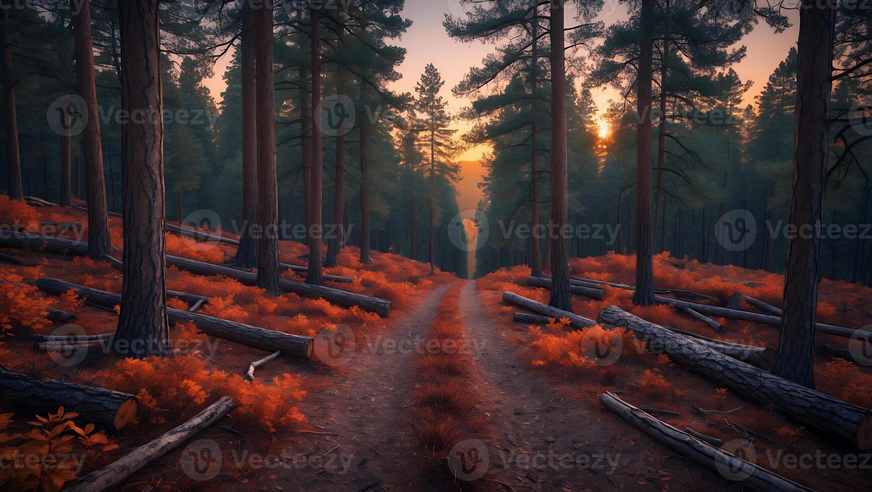 Forest Trail at Sunset Surrounded by Colorful Undergrowth and Fallen Logs photo