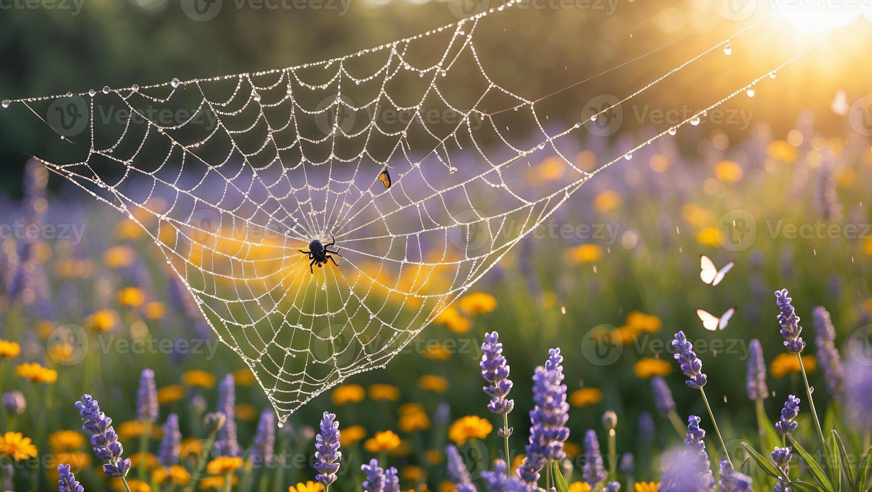 Spider Web Covered with Dew Drops in Flower Meadow at Sunrise photo