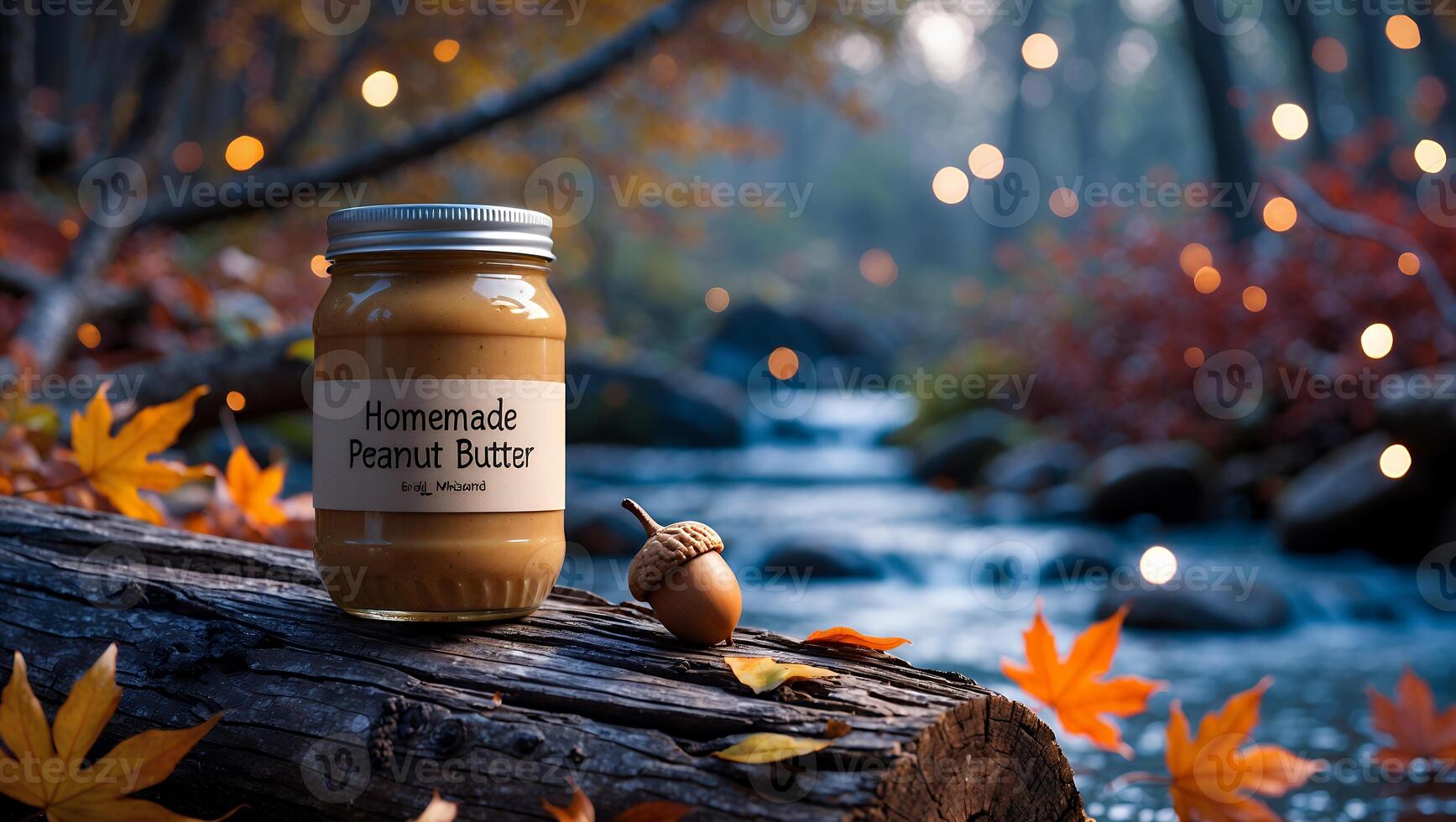 Homemade Peanut Butter Jar on Wood Log by Stream in Autumn photo