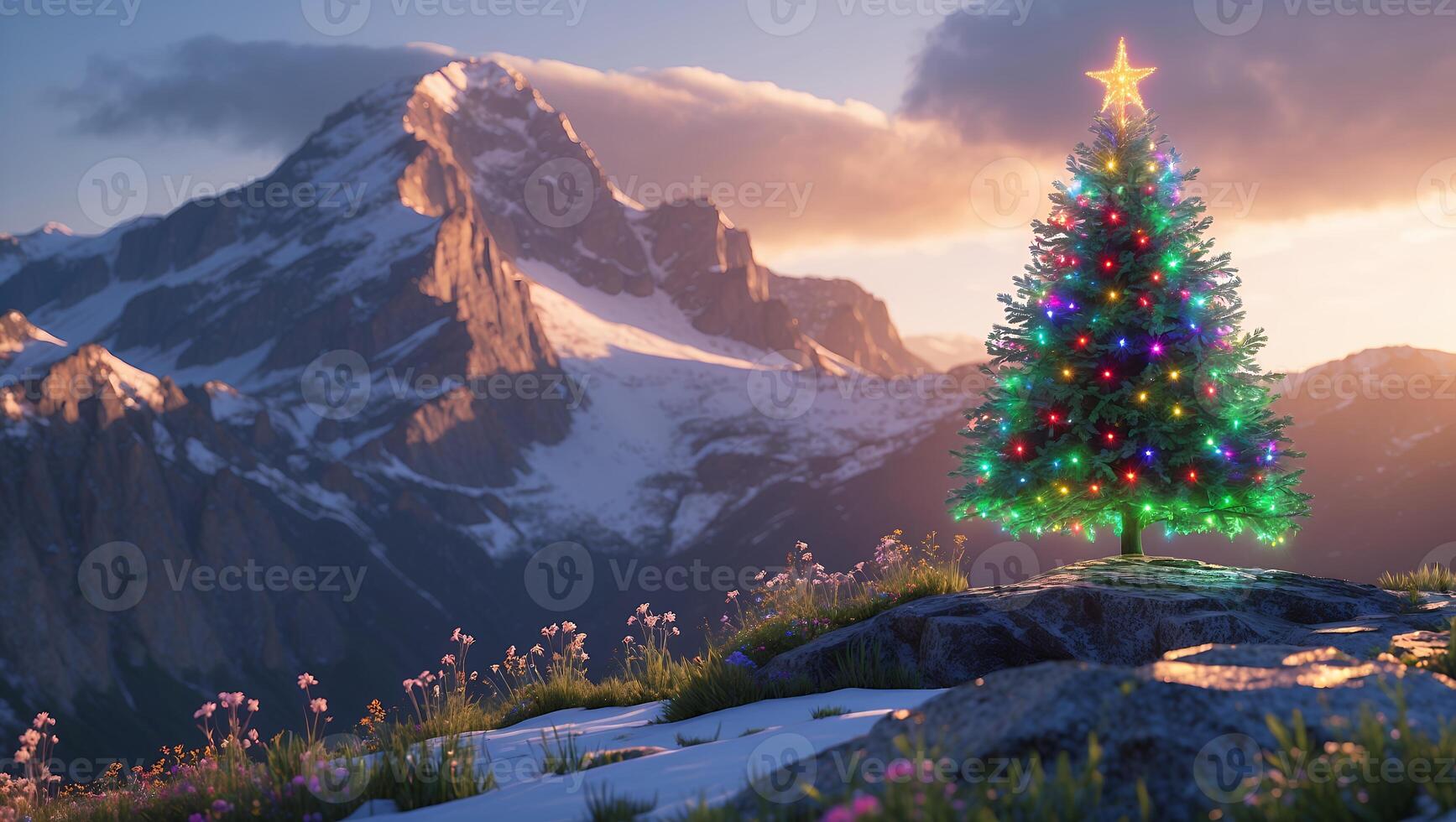 Decorated Christmas Tree on Mountain Peak at Sunset with Snow photo