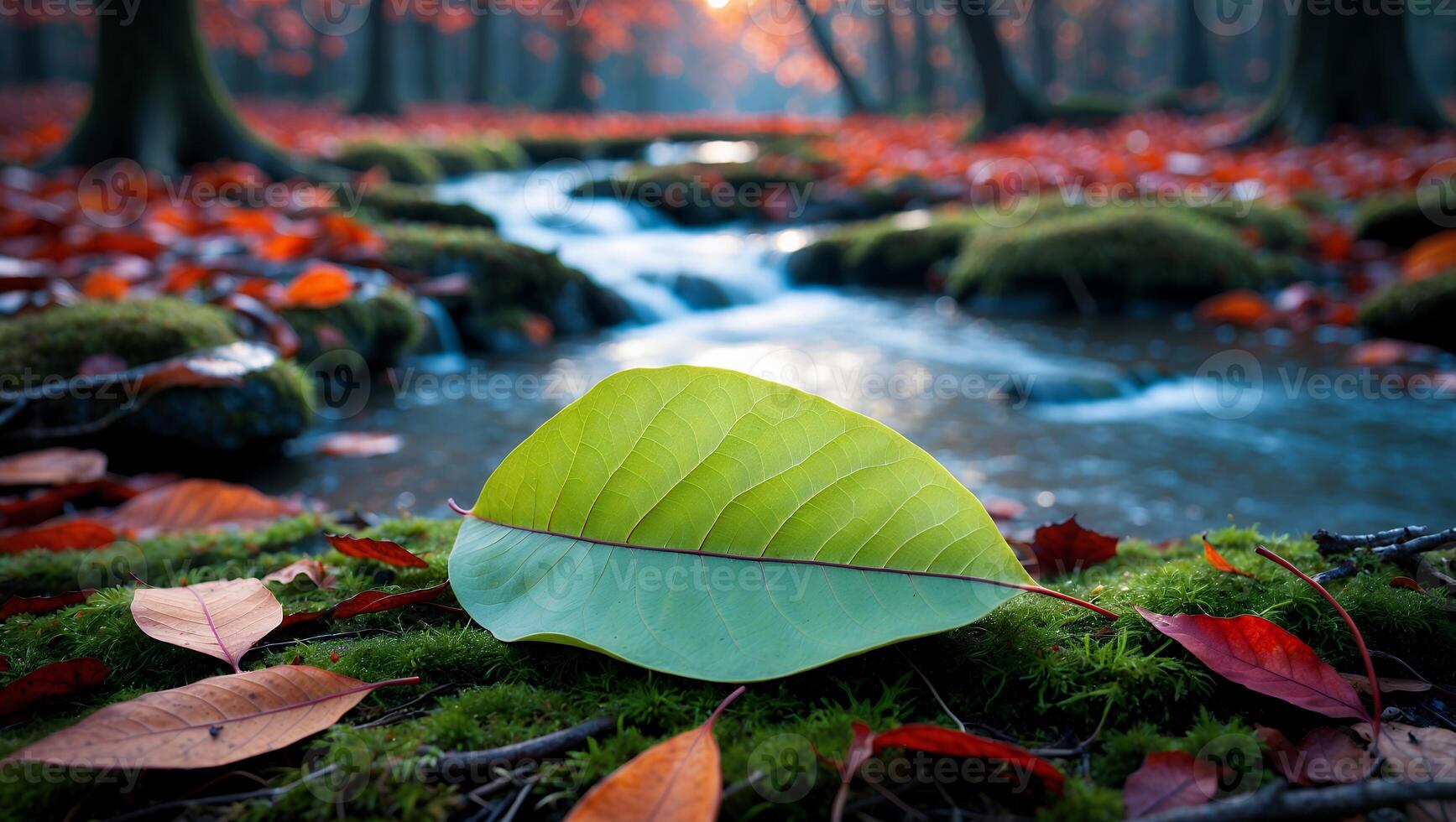 Bright Leaf on Mossy Ground by Forest Stream in Autumn photo