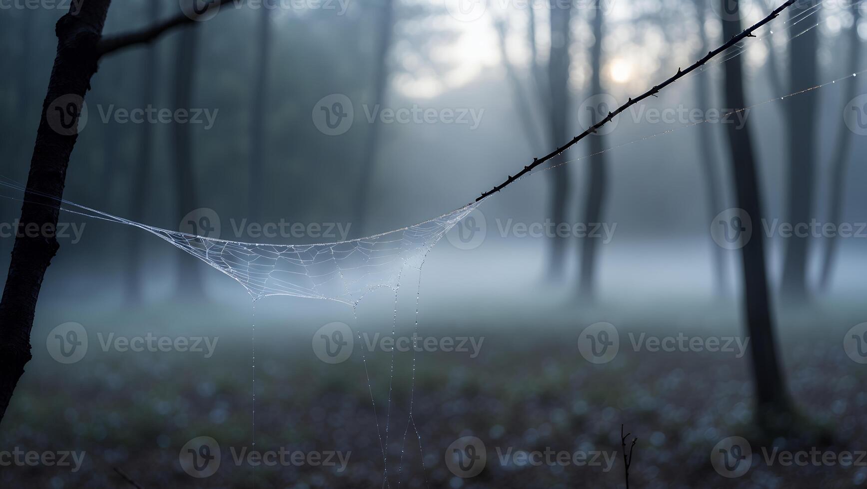 Spiderweb with Dew Hanging in Forest with Mist and Fog photo