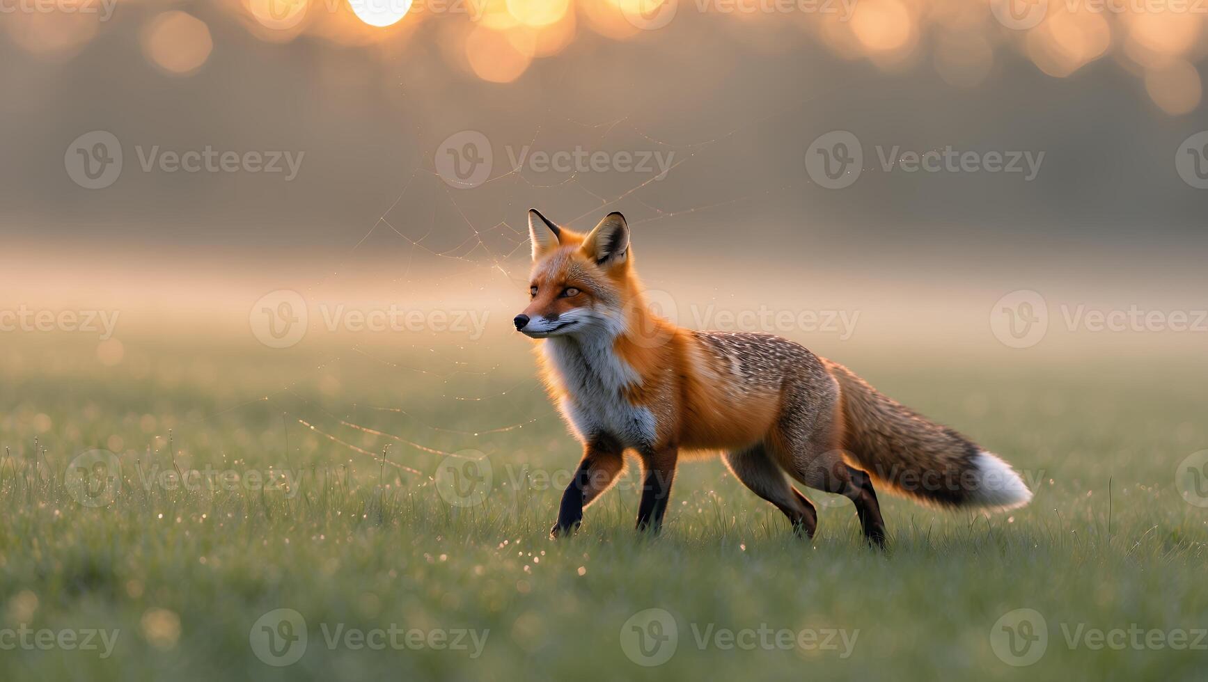 Fox Walking Through Grassy Field at Sunrise with Soft Morning Light photo