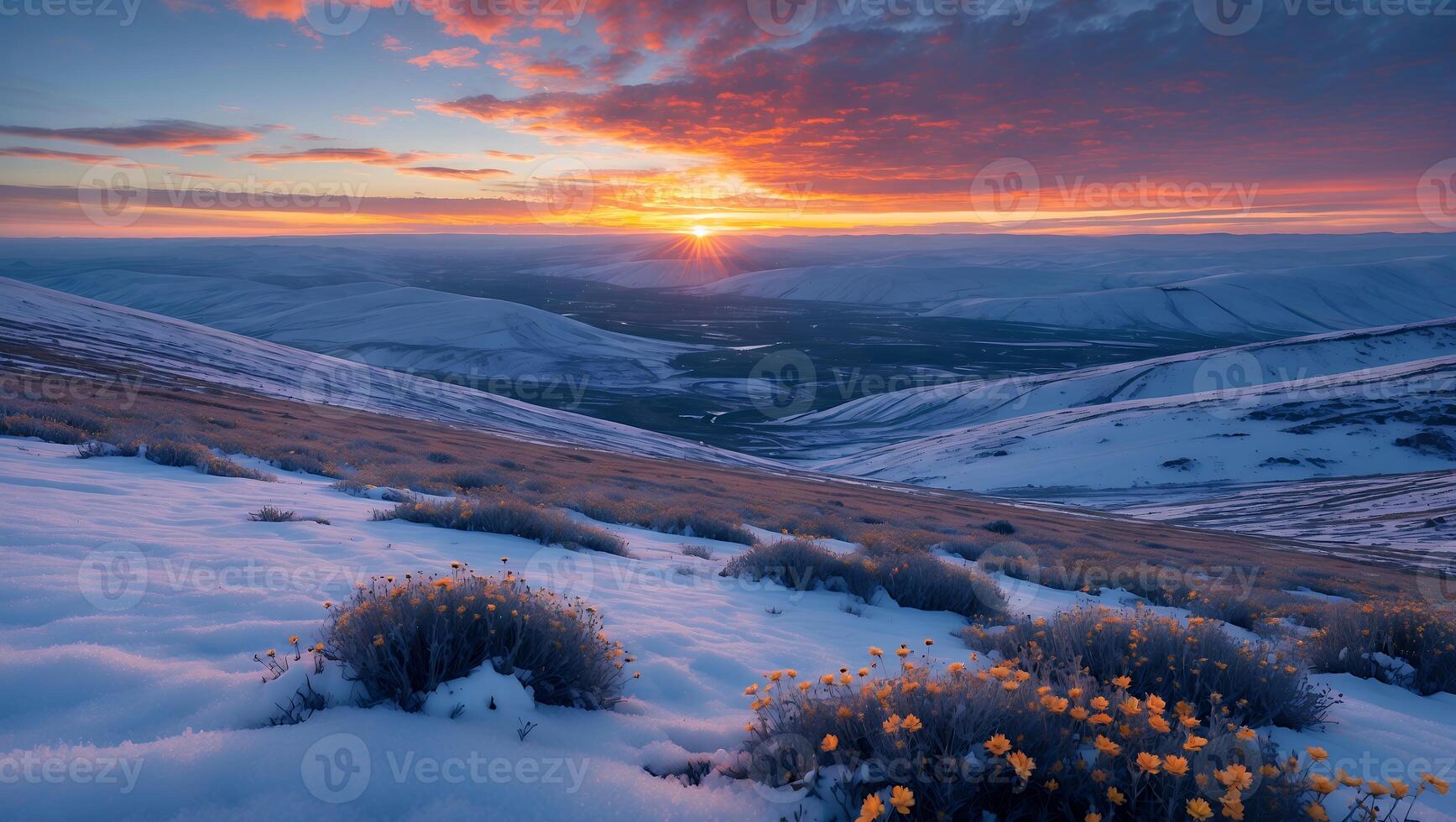 Snowy Mountain Landscape with Wildflowers Glowing at Dramatic Sunrise photo