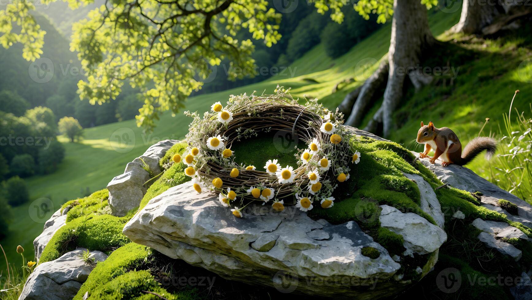Daisy Wreath on Mossy Stone with Squirrel in Green Landscape photo