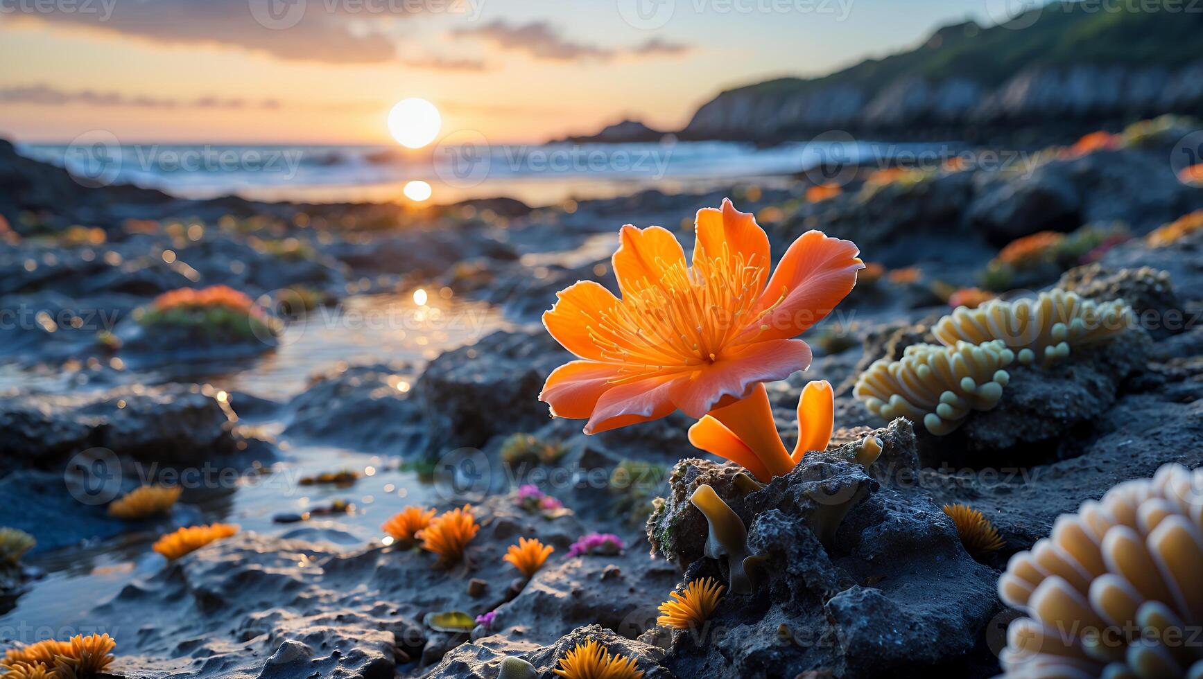 Vibrant Orange Flower Blooms on Rocky Shoreline at Sunset with Seascape photo