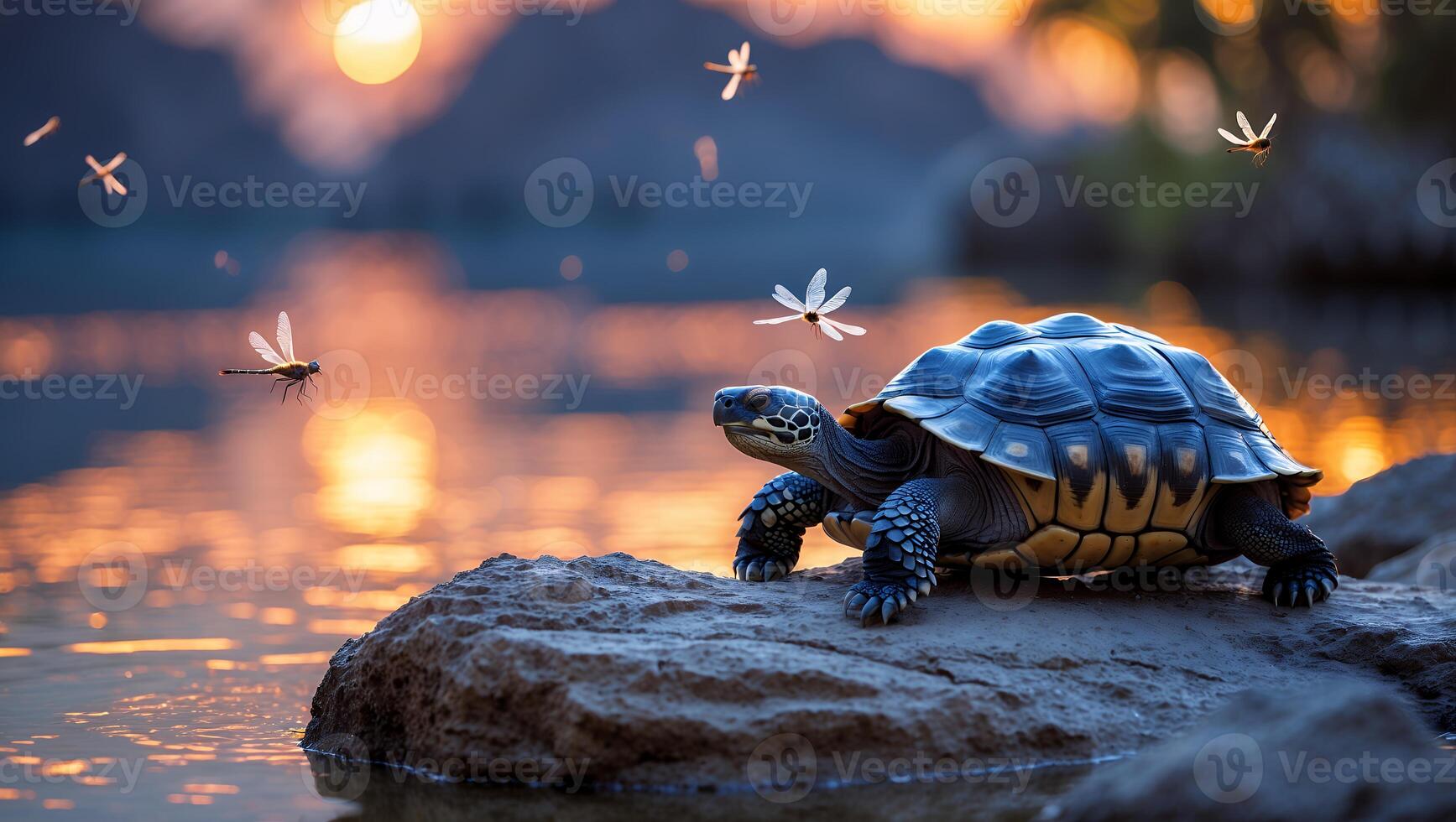 Turtle Resting on Rock at Sunset with Dragonflies Flying Around photo