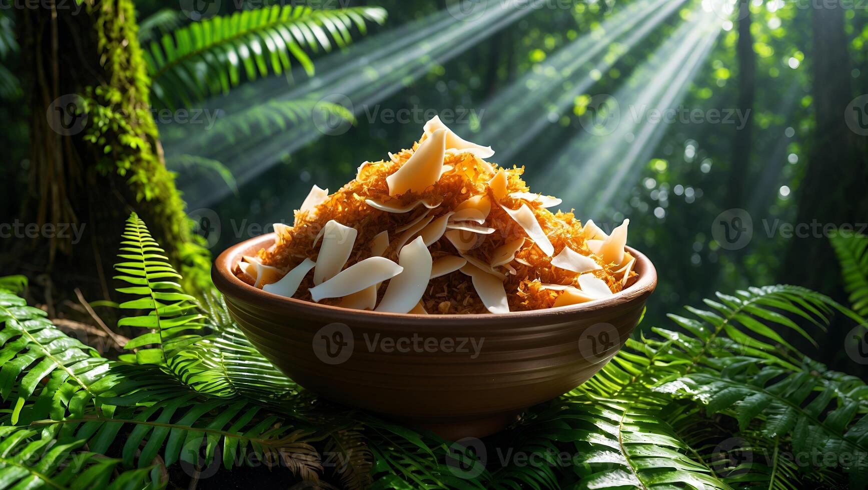 Coconut Flakes in Bowl Surrounded by Ferns in Forest Setting photo