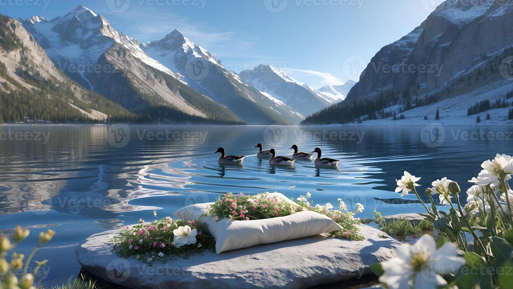 Ducks Swimming in Mountain Lake Serene Water with Floral Accents photo