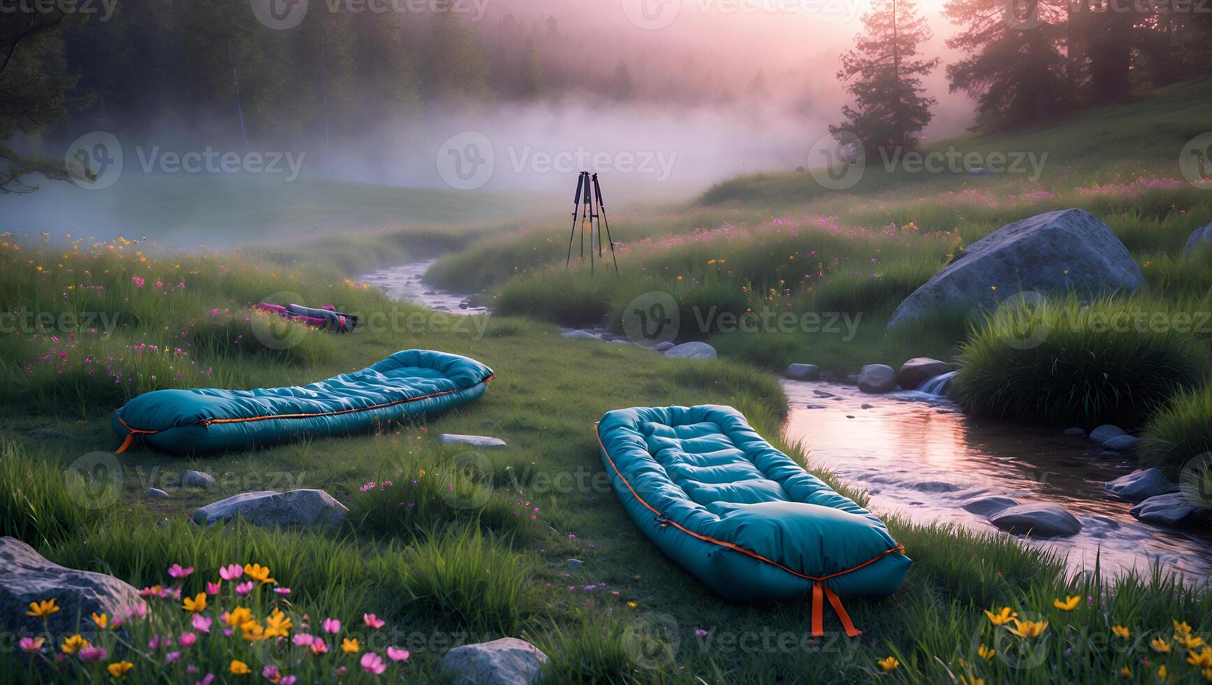 Camping with River and Raft in Serene Meadow at Sunrise photo