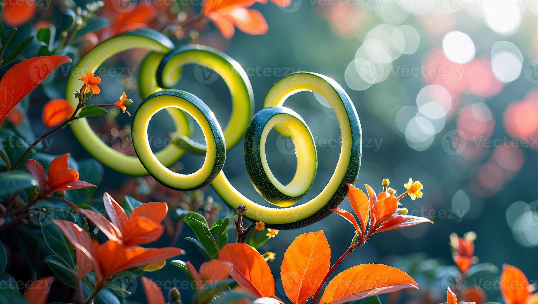 Unique Zucchini Swirls Among Colorful Leaves in an Outdoor Garden Setting photo