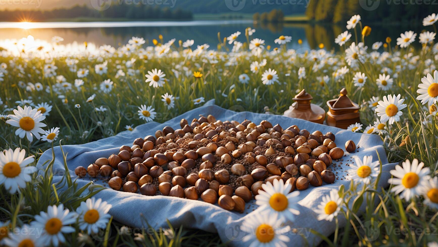 Hazelnuts and Buckwheat on Cloth in Daisy Field at Sunset photo