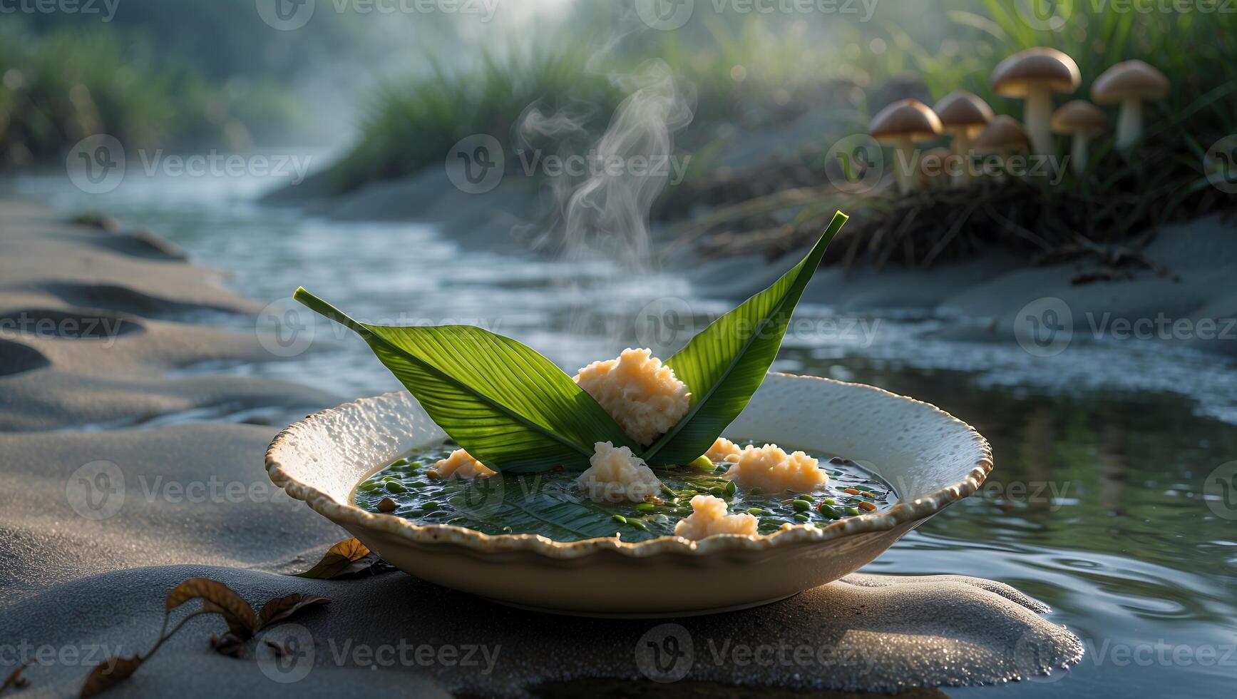 Soup Dish in Natural Setting Beside Stream with Mushrooms photo