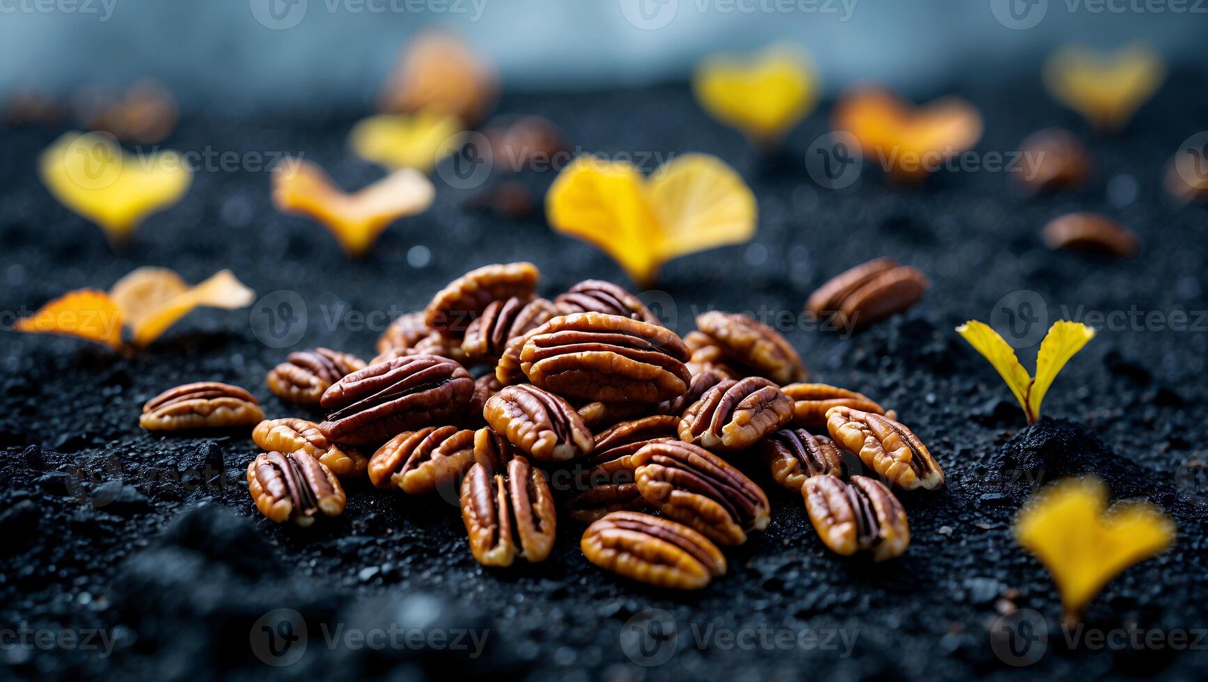 Pecan Halves Pile with Autumn Leaves on Dark Ground photo