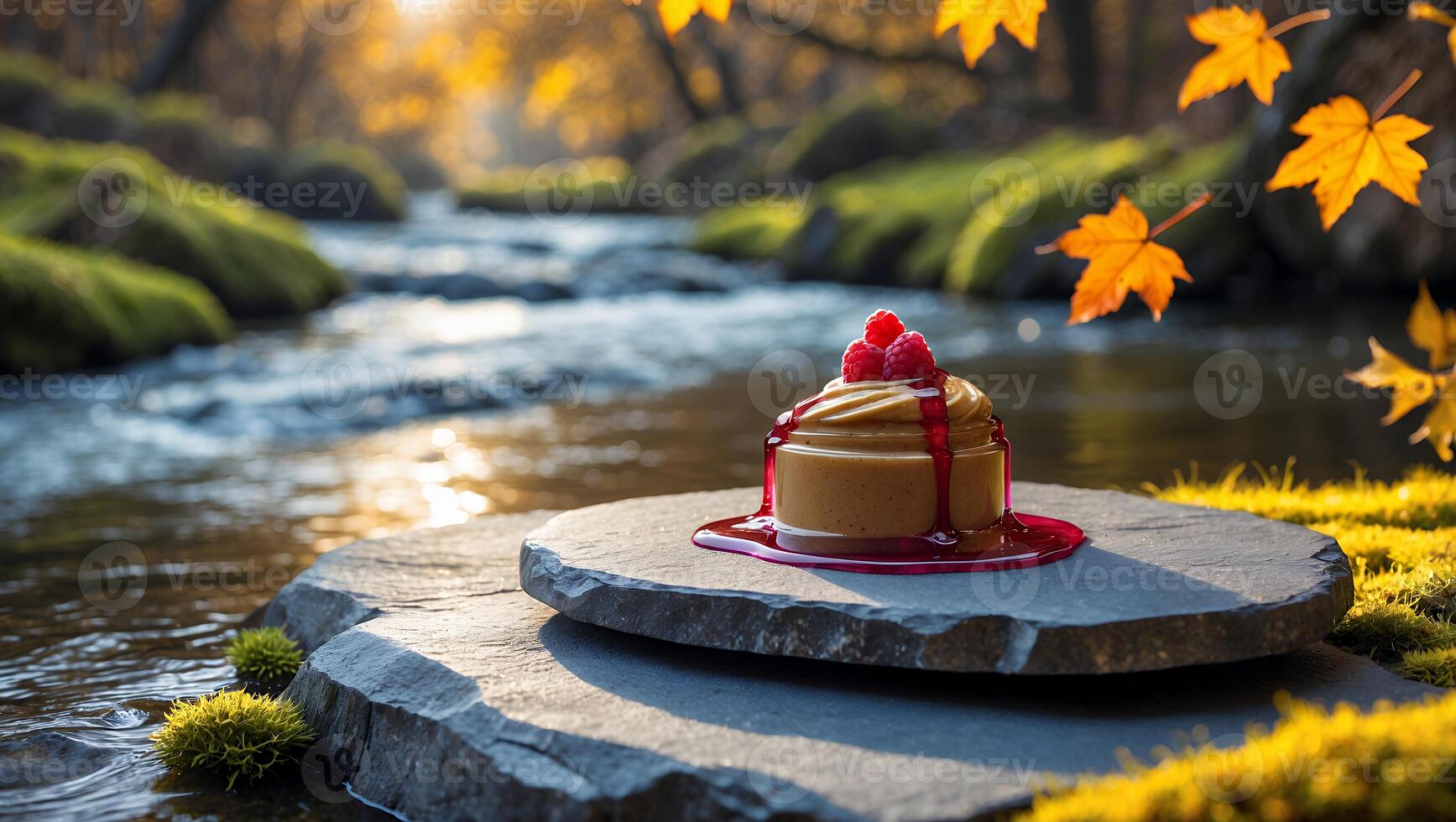 Dessert Presentation by River with Autumn Leaves and Natural Setting photo