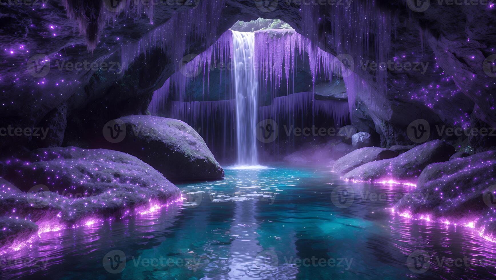 Waterfall Flowing Into Pool Inside a Mysterious Glowing Purple Cave photo