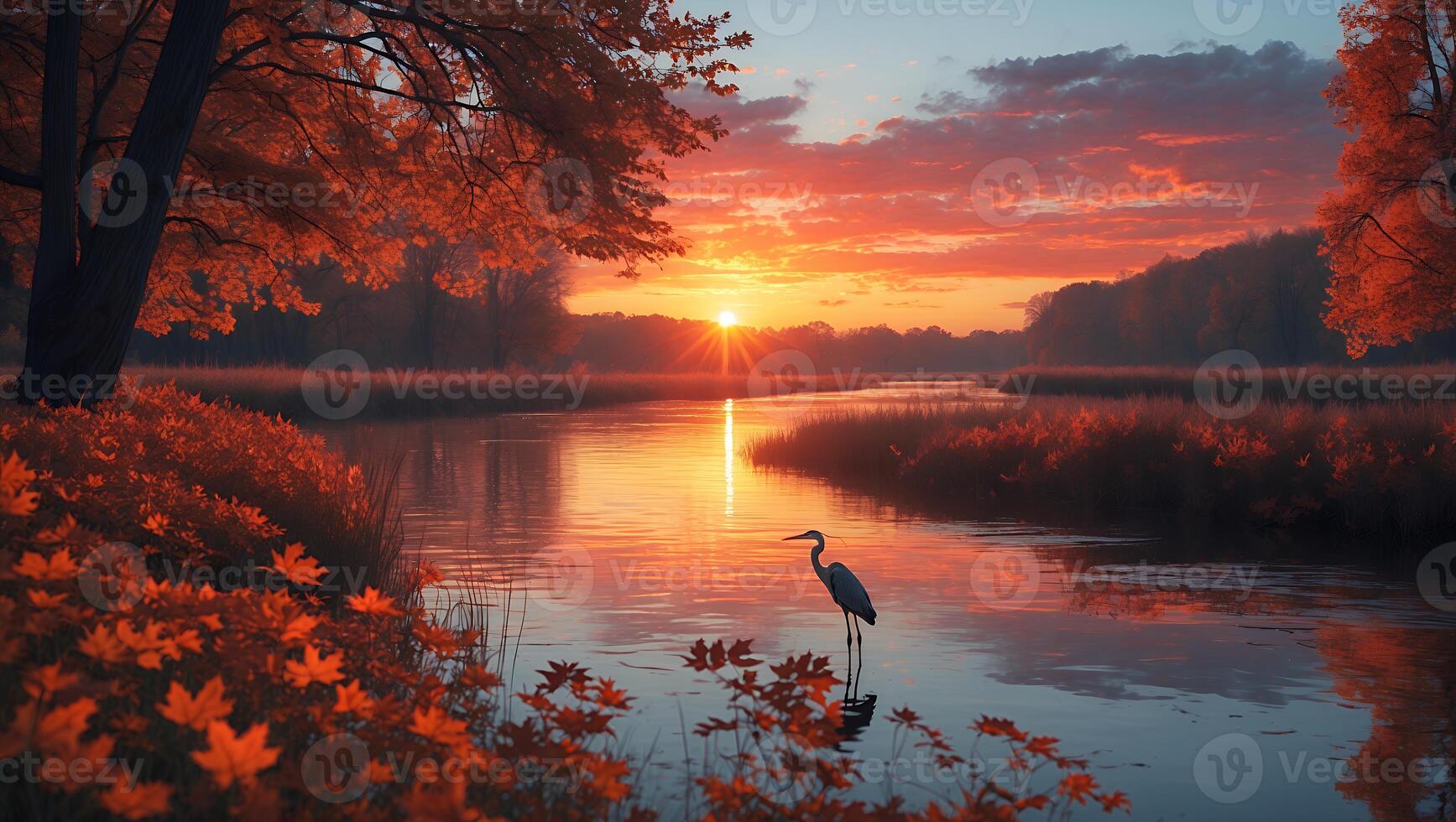 Heron Standing in River at Autumn Sunset Reflecting Orange Sky photo