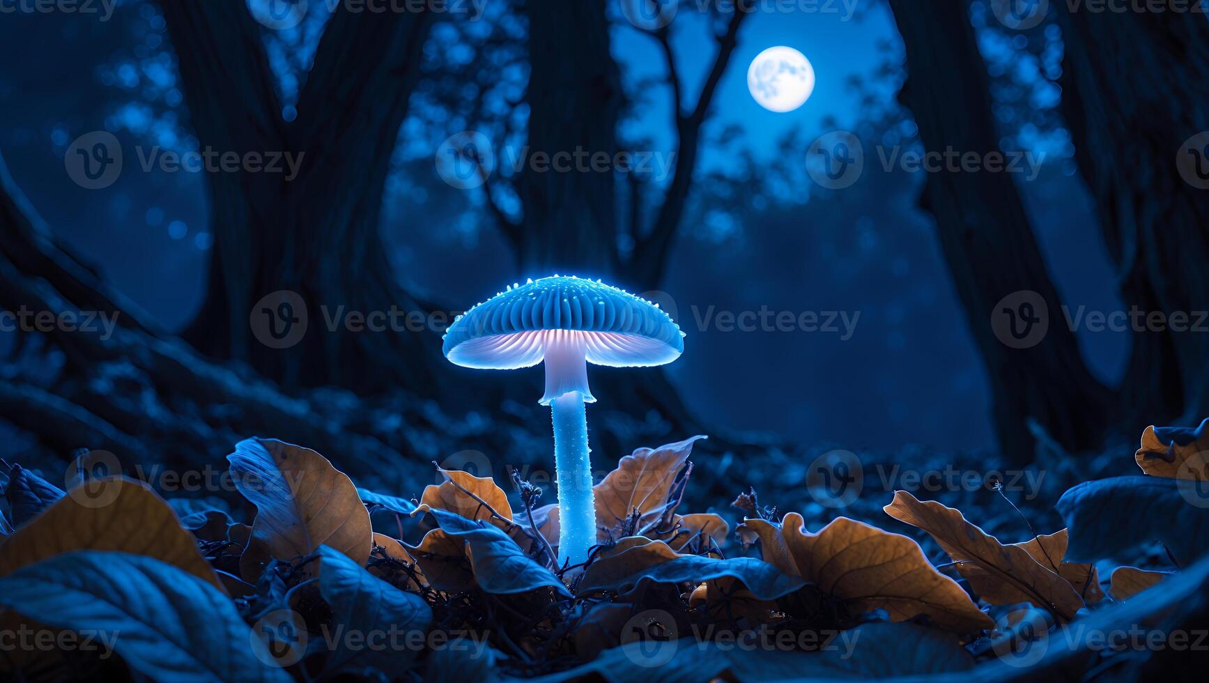 Glowing Mushroom in Forest at Night with Full Moon Overhead photo